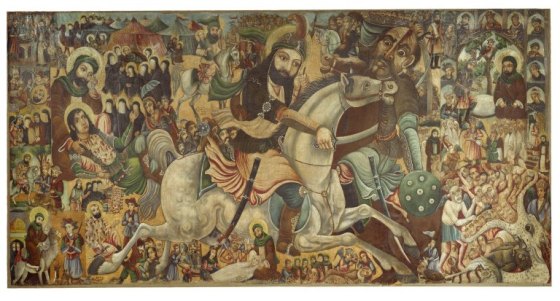 This oil on canvas painting by Abbas Al-Musavi commemorates the martyrdom of Imam Husayn at the Battle of Karbala. Its focus is his half brother Abbas ibn Ali on a white horse. This image was uploaded into Wikipedia Commons as a donation by the Brooklyn Museum. The image is a faithful photographic reproduction of a two-dimensional, public domain work of art. Please click on image for article on Imam Hussein.