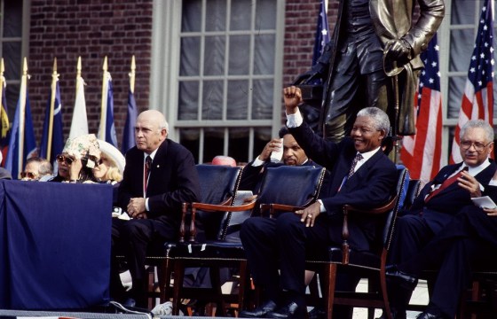  F.W. de Klerk, left, the last president of apartheid-era South Africa, and Nelson Mandela, his successor, wait to speak in Philadelphia, Pennsylvania, IN 1993. Credit line: Photographs in the Carol M. Highsmith Archive, Library of Congress, Prints and Photographs Division.