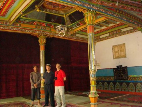 Hand carved and painted ceilings, pillars and walls inside Xingjiang's Poskam jamatkhana. Please click on image for more photos.