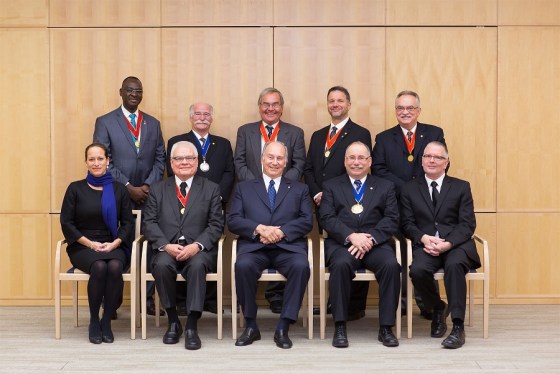 (l to r) Seated -- Princess Zahra Aga Khan (daughter, His Highness the Aga Khan), George Baird (RAIC 2010 Gold Award Recipient), His Highness the Aga Khan (RAIC 2013 Gold Award Recipient), Paul E. Frank (RAIC President), Jim McKee (RAIC Executive Director); Standing -- Samuel Oghale Oboh (RAIC Regional Director Alberta/North West Territories), Barry Johns (Chancellor – College of Fellows); Jim McKee (RAIC, Executive Director), David Craddock (RAIC Immediate Past President), Wayne De Angelis (RAIC First Vice-President/President-Elect), Jean-Pierre Pelletier (RAIC Regional Director, Québec). Photo: © AKDN/Farhez Rayani