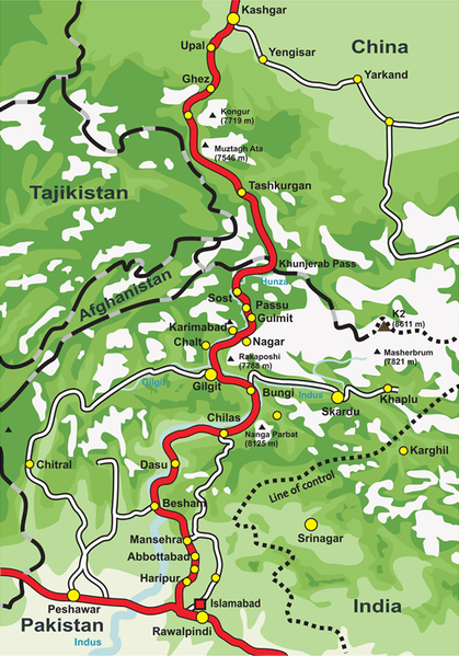 Map of Karakoram Highway, the road that links the Northern Areas of Pakistan to the Xinjiang province of China, connecting it to the old Silk Road. Map Credit: Wikipedia.