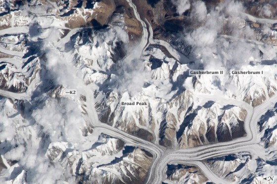 This photograph from the International Space Station shows the central Karakoram, the highest concentration of 8,000-meter mountains on Earth. The K2 in this range is among the most dangerous 8000 metre mountains to climb. Photo Credit: NASA/JSC Gateway to Astronaut Photography of Earth).