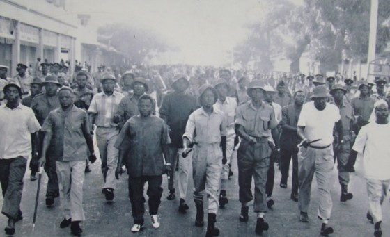 President Julius Nyerere and his fellow countrymen in a march following the announcement of the Arusha Declaration of 1967. Many such marches were held across the country to connect people with the Tanzanian leader's vision of socialism to develop the nation's economy. Over the years the Declaration became hugely unpopular politically and socially and was abandoned.