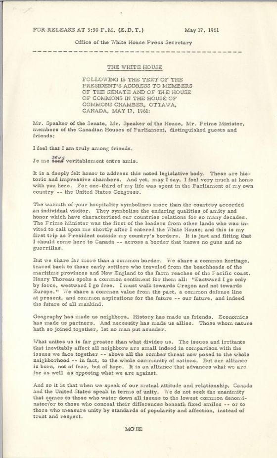 An image of the original text of address by President John F. Kennedy to Canadian Parliament, Ottawa, 17 May 1961. Credit: John F. Kennedy Presidential Library and Museum