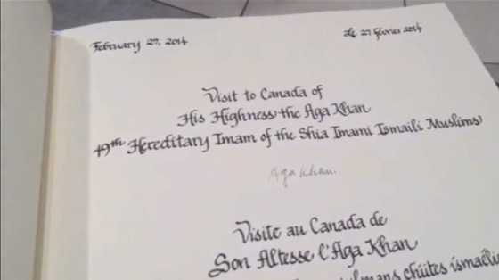 Mawlana Hazar Imam's signature in the Visitor's Book from the signing ceremony shown in a previous photo. Credit: Post Media Clip.