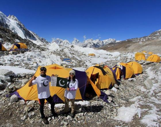 Samina Baig at base camp of Everest with Bhai (brother) Mirza Ali. Photo: Samina Baig's Facebook page. Copyright.