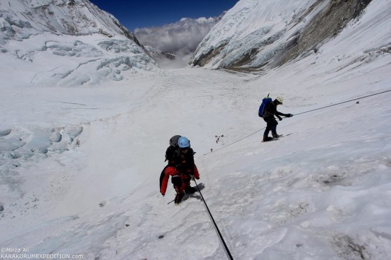 Samina Baig on the 'hard blue-iced' Lhotse Face of Mt. Everest. Photo: Mirza Ali. Copyright.