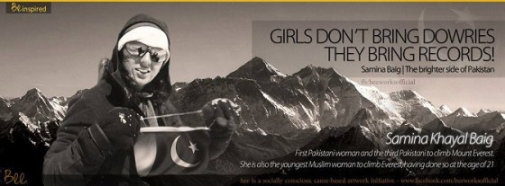 Samina Baig championing women's equality and rights through this banner as well as her mountain climbing. Photo: Samina Baig's Facebook page. Copyright.