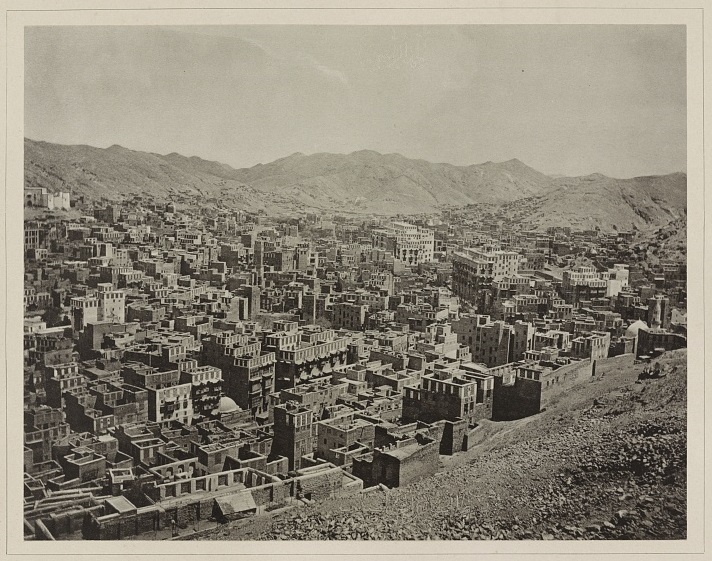 An 1889 photo showing a view of the city of Mecca. Photograph attributed to al-Sayyid ʻAbd al-Ghaffār by scholar Claude Sui. (Source: "Travel to the Holy Land and photography in the nineteenth century" by Claude Sui. Chapter in: To the Holy Lands: Pilgrimage centres from Mecca and Medina to Jerusalem. Mannheim: Reiss-Engelhorn Museum, 2008, pages 56-63). Credit: USA Library of Congress. Please click on image for article by Omid Safi