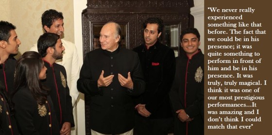 Mawlana Hazar Imam with performers at the Institutional Dinner in India in 2013. Seen in the photo are star performers Sulaiman Merchant (left, in white) with his brother Salim (at right of Hazar Imam), who was interviewed by Qayl during their recent North American tour. Photo: The Ismaili/Nazim Lokhandwala. Copyright.