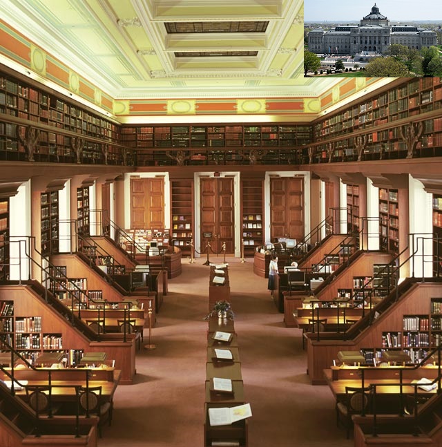 A view of the African and Middle Eastern Reading Room at the Library of Congress in Washington, D.C. Inset the Main Building. Photo: Library of Congress, USA.