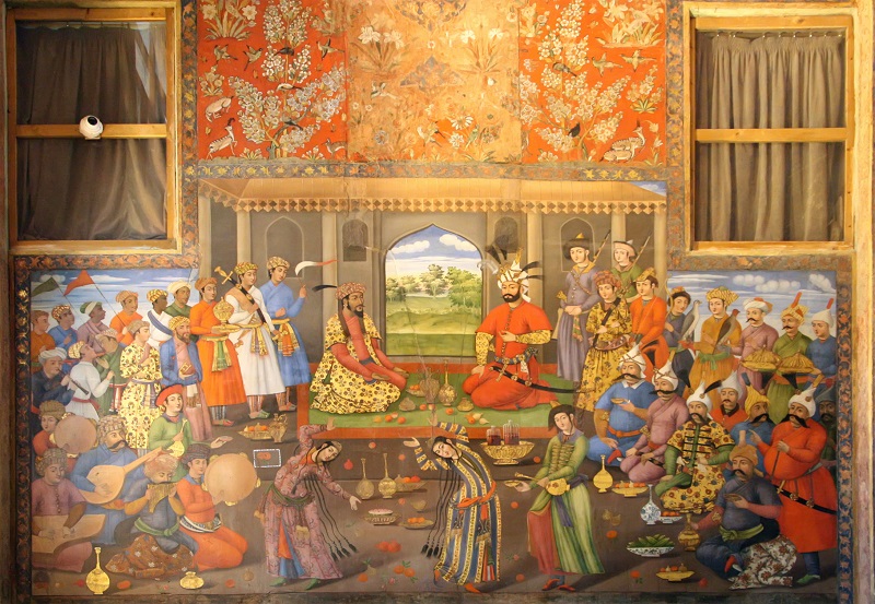 Painting at Chehel Sotoon in Iran depicting the Navroz meeting of the Safavid Shah Tahmasp with the fugitive Mughal Emperor Humayun. Photo: Wikipedia.