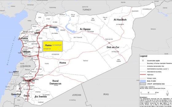 Salamiyah and surrounding areas shaded in yellow. Map: Adapted from UN Office for the Coordination of Humanitarian Affairs. Please click for enlargement.