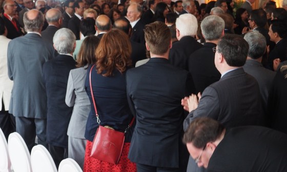 Mawlana Hazar Imam seen departing the exquisitely prepared tent structure that hosted the inauguration ceremony of the Aga Khan Park on May 25, 2015. Photo: Simerg/Malik Merchant. Copyright.