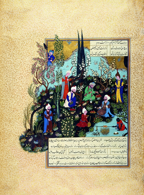 This illustration is from Shah Tahmasp I’s Shahnameh, one of the most remarkable Persian manuscripts, which was started when Shah Tahmasp returned to Tabriz from Herat in 1522. This illustration shows Firdausi, the author of the written version of the Shahnameh, with the three poets of the court of Mahmud, the sultan of Ghazna, a city which is now in modern-day Afghanistan. Firdausi left Tus, his native city, in northeast Iran, to seek out the patronage of the sultan for his Shahnameh. Before meeting with the sultan, he was confronted by three poets of the court who cornered him before finally acknowledging his superior talent. In this miniature painting a small black servant roasts a bird on a spit while young fine-faced boys bring wine and delicacies to the three Ghazna poets, seated, in the centre of the picture, on the grassy bank of a stream of water. Firdausi’s isolation is emphasized by his position to the extreme left of the main group, just where the composition spills over into the margin. Photo and caption credit: Aga Khan Museum, Toronto, Canada. Copyright.