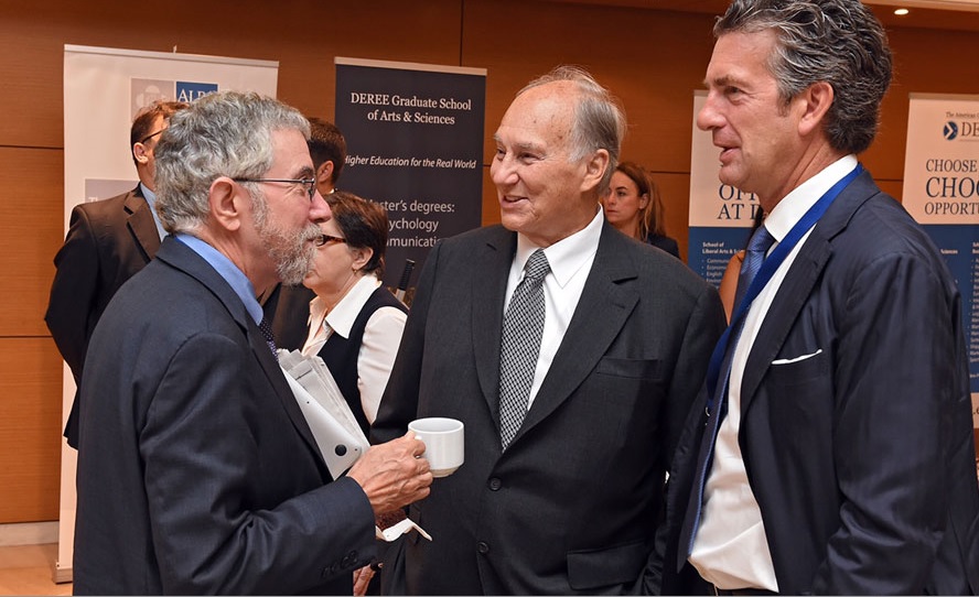 His Highness the Aga Khan with Stephen Dunbar-Johnson, President, International at The New York Times and Nobel-winning economist Paul Krugman, op-ed columnist at the New York Times. Photo: AKDN / Gary Otte