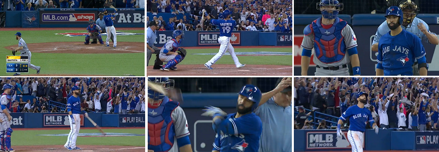 Iconic moments of the game. Jose Bautista's home run, his stare at the pitcher and the tossing of the bat. Please click on image to view a video clip at the website of MLB.com.
