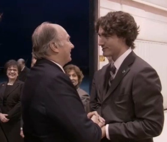Justin Trudeau greets His Highness the Aga Khan as he arrives in Ottawa, Canada, to celebrate his Golden Jubilee in 2008. Looking on are Senator Mubina Jaffer, left, and MP Yasmin Ratansi. Mr. Trudeau was then an MP for his Papineau riding in the Quebec. Photo: The Ismaili. 