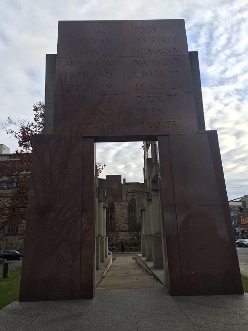 The Canadian Tribute to Human Rights Monument in the Nelson Mandela Square on Elgin Street in Ottawa. It bears an inscription from the 1st article of the Universal Declaration of Human Riights which states that All human beings are born free and equal in dignity and rights.