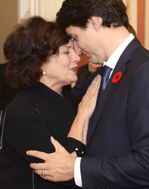 Justin Trudeau has a special moment with his mother, Mrs. Margaret Trudeau, before the searing in ceremony. Photo: Sgt. Ronald Duchesne, Rideau Hall.