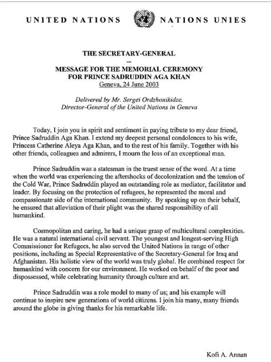 Kofi Annan Message for Prince Sadruddin Aga Khan