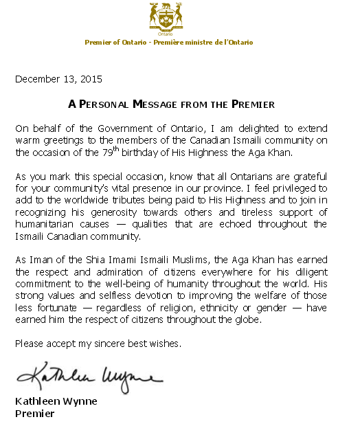 Premier of Ontario Kathleen Wynne Aga Khan Message