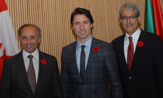 Prime Minister Justin Trudeau with AKDN Representative Dr. Mahmoud Eboo (left) and the President of the Aga Khan Ismaili Council for Canada, Malik Talib, at the Delegation of the Ismaili Imamat in Ottawa on November 3, 2015, the day before he was sworn in as the Prime Minister. Photo: The Ismaili.