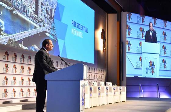 Egyptian President Abdel-Fattah El-Sisi delivers his speech during the opening session of the African international business forum in the Red Sea resort of Sharm El-Sheikh in the South Sinai governorate of Egypt, 20 February 2016. Photo Credit: The Egyptian presidency.
