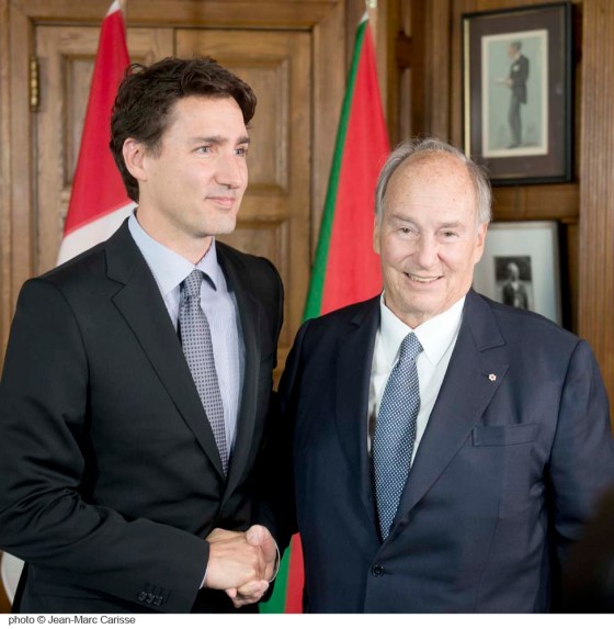 His Highness the Aga Khan and Prime Minister Justin Trudeau picture on Tuesday, May 17, 2016, at the Office of the Prime Minister located at the Centre Block of Parliament Hill in Ottawa. Photo: Jean-Marc Carisee. Copyright.