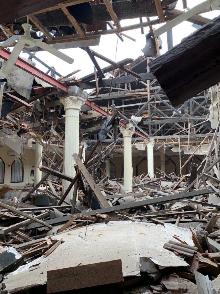 Interior damage following roof collapse of Dar es Salaam's Ismaili Darkhana Jamatkhana