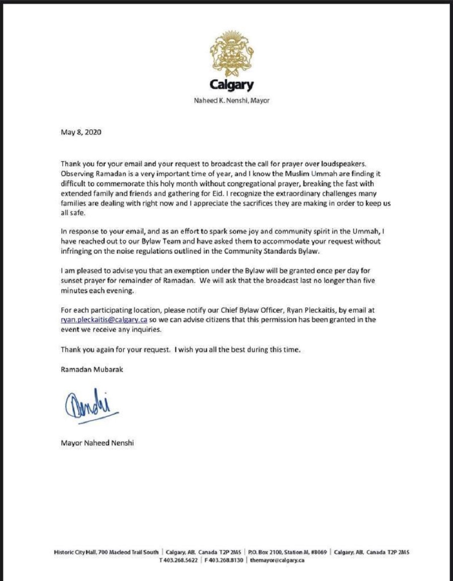 Mayor Nahid Nenshi's for the Islamic Adhan Adhan