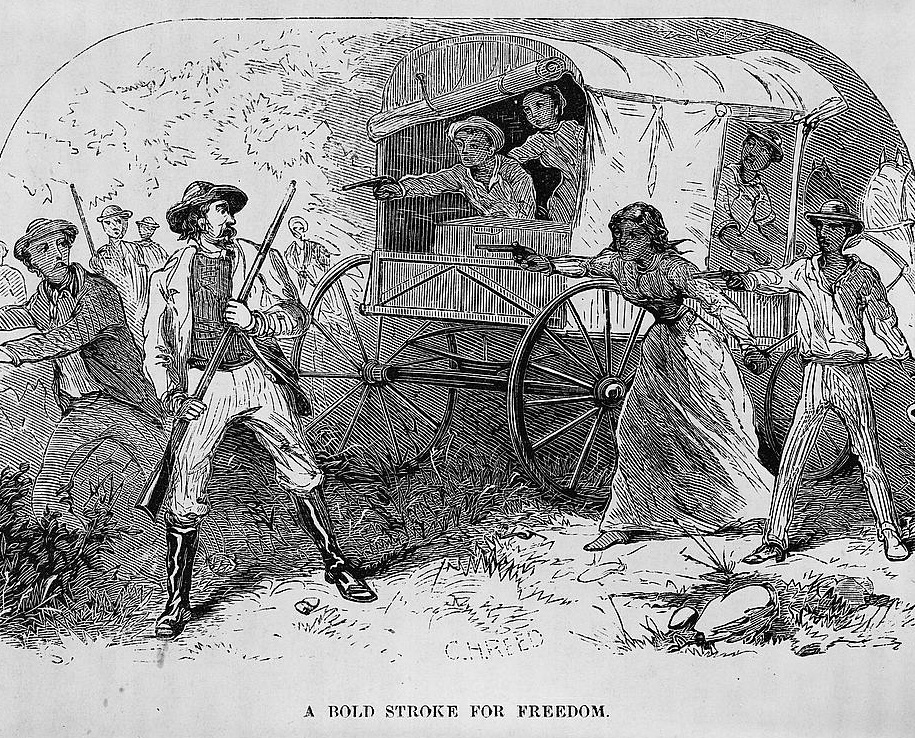 African-Americans with wagon pointing guns at slave-catchers, Library of Congress photo reproduced in Simerg