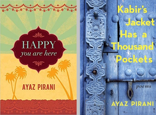 Cover of the book 'Happy You Are Here' by Ayaz Pirani featuring a sunburst design and palm trees.