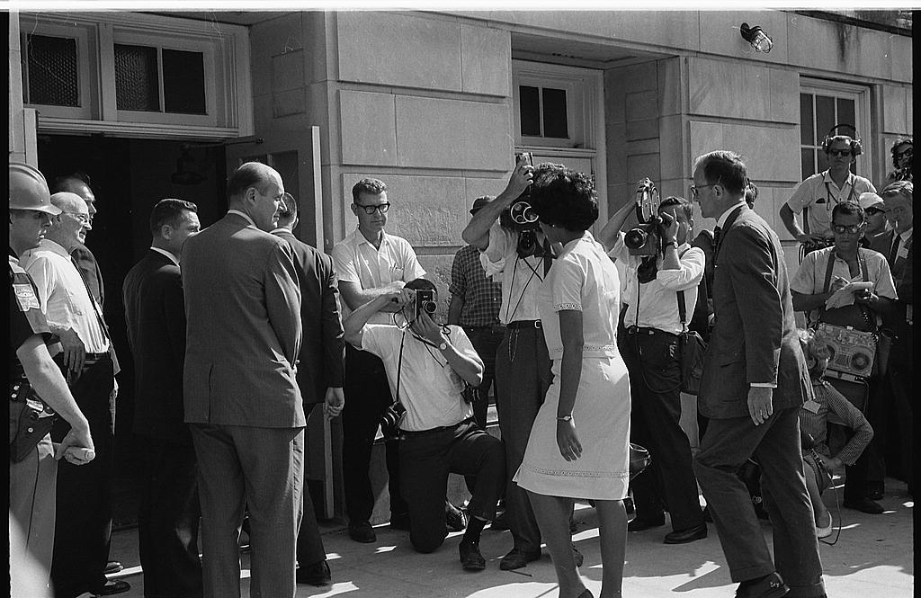 Vivian Malone entering Foster Auditorium to register for classes at the University of Alabama. Photo: Warren K Leffler /US Library of Congress. reproduced in Simerg