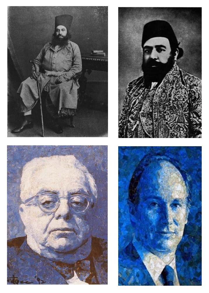 A historical collage featuring four prominent figures in Ismaili history: a seated man in traditional attire with a cane on the left, a bearded man in ornate dress on the right, and two stylized portraits of men in blue tones below.