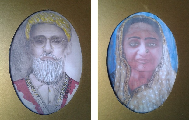 A portrait of a bearded man wearing traditional attire and glasses on the left, and a woman in a sari with a decorative head covering on the right, both framed in oval shapes.