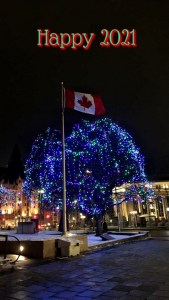 A decorated tree with blue lights and a Canadian flag, featuring the text 'Happy 2021' above, at night.