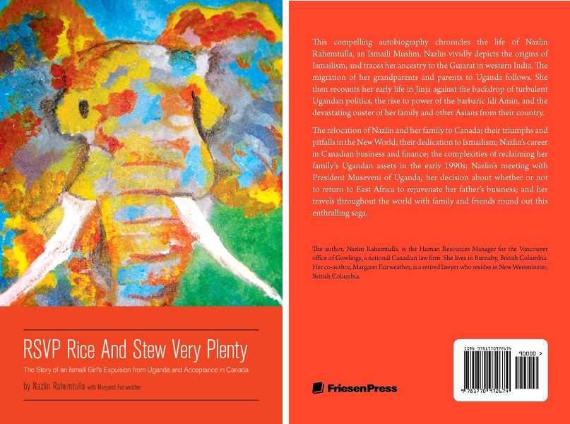 Front and back covers of Nazlin Rahemtulla's autobiography "RSVP Rice and Stew Very Plenty, Simerg Ismaili Author Series