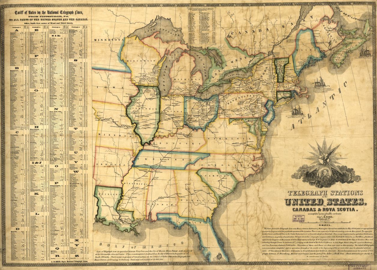 This map reveals the status of the telegraph network as it existed in the U.S. in 1853