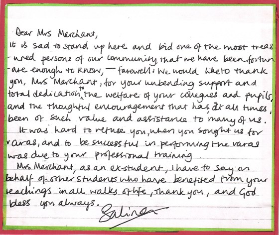 Tribute to Mrs. Merchant by Ismaili students in the UK on retirement from ITREB