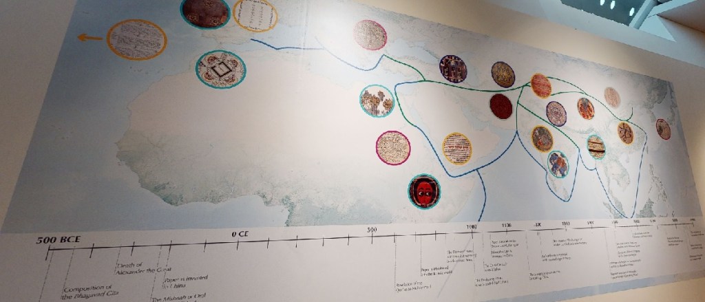 Map illustrating the historical Silk Road routes and significant cultural artefacts, overlaying a geographical representation from 500 BCE to 1700 CE.