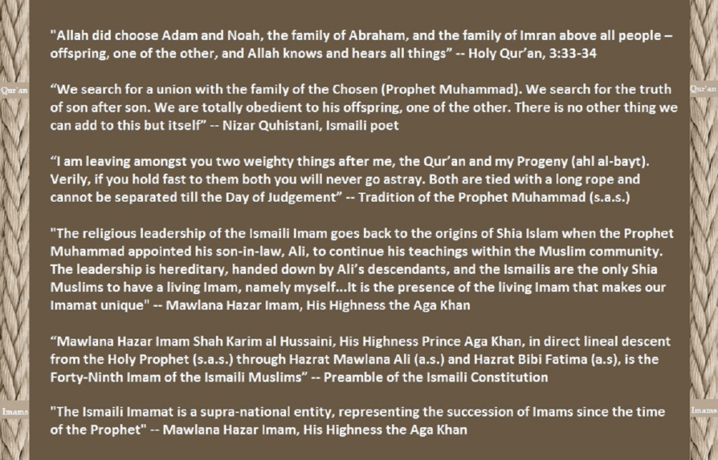 An artistic graphic displaying a verse from the Qur'an along with quotes attributed to Nizar Queshitani and Mawlana Hazar Imam, emphasizing the significance of the Ismaili Imamat and its connection to historical Islamic lineage.