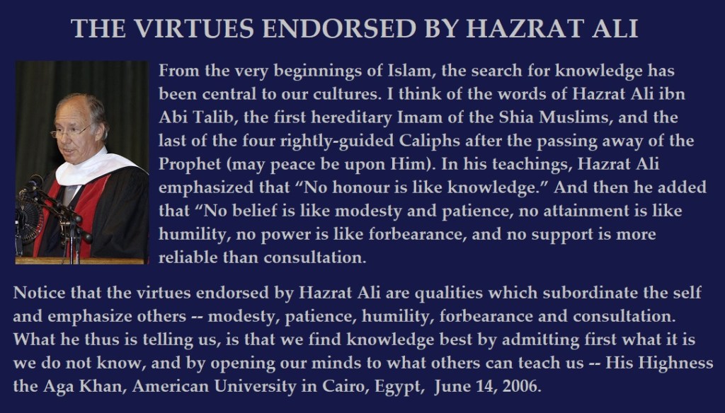 Image featuring a speaker at a podium, discussing the teachings of Hazrat Ali, with essential quotes highlighted on a dark background.