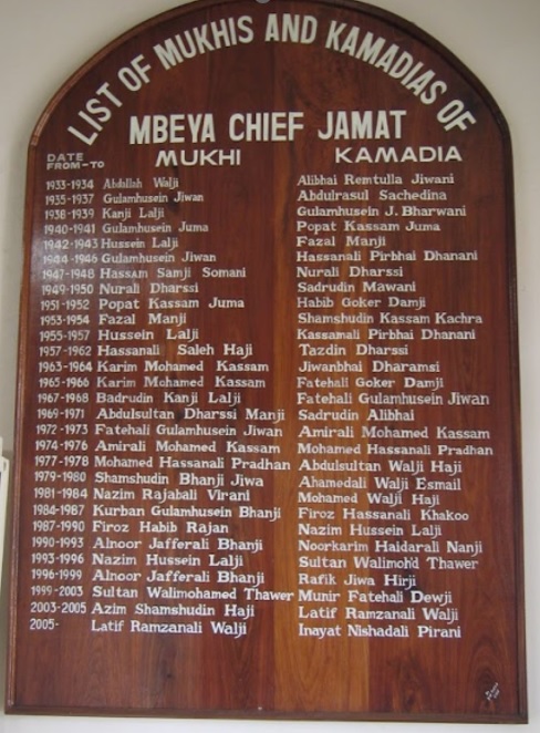  List of Mukhis and Kamadias of Mbeya Jamat Photo: Dr Moh'd Manji collection, Simerg Ismaili history, Aga Khan community