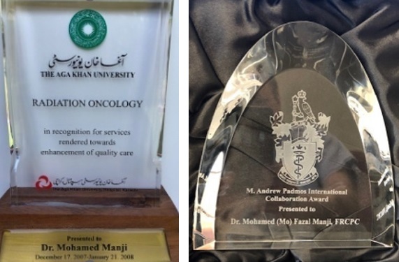 A plaque presented to Dr. Mohamed Manji for his contributions to Radiation Oncology at The Aga Khan University, commemorating his service from December 19, 2007, to January 21, 2008.