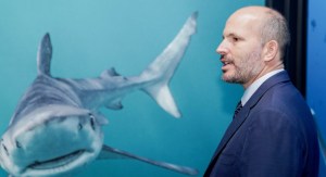 A man in a suit speaking next to a large image of a shark in an aquarium setting.