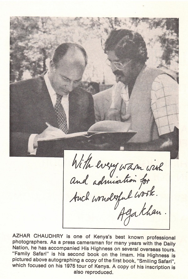 Aga Khan's inscroption in the smiling safari by Azhar Chaudhry, Daily Nation photographer