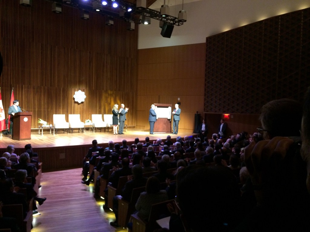 Prime Minister Harper and the Aga Khan unveil the plaque at the opening ceremony of the Aga Khan Museum in Toronto on September 12, 2014.
