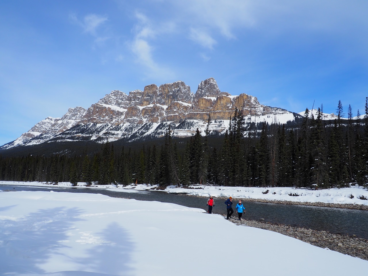 A view of Castle Mountain from the Bow River passing through Hwy 93.