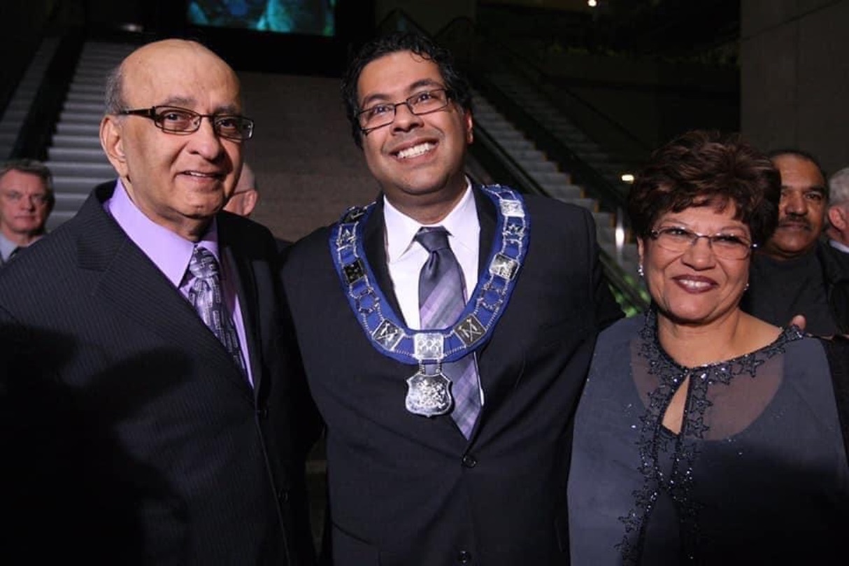 Naheed Nenshi with parents Kurban and Noorjah Nenshi after Mayoral swearing-in ceremony, 2010. Photograph: Shameela Karmali-Rawji collection.